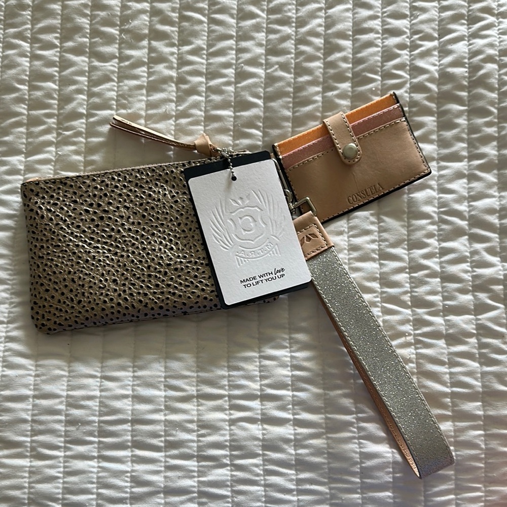 Consuela Textured Clutch and Card Holder Set - Gold and Tan